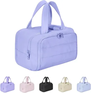 Decisive Makeup Bag, Large Capacity Wide-Open Travel Cosmetic Bag, Lightweight Toiletry Organizer for Traveling, 4-in-1 Puffy Multi-Functional Travel Toiletry Bags for Women (Purple)