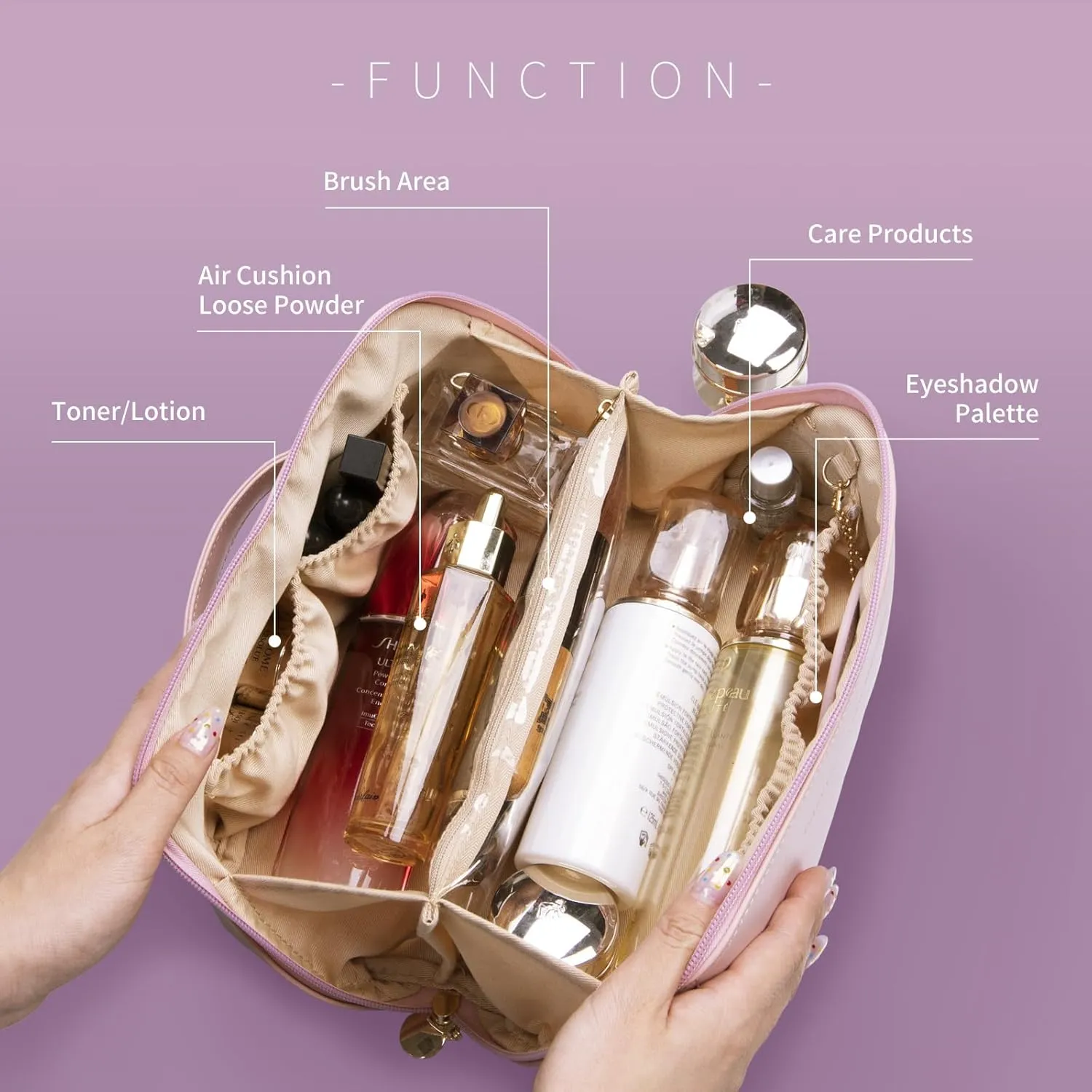 DOMAT Travel Makeup Bag For Women,Quality Waterproof Toiletry Bag,Huge Storage Space Cosmetic Bag,Multi-Functional Travel Makeup Organizer With Mirror. (Cividini spring pink)