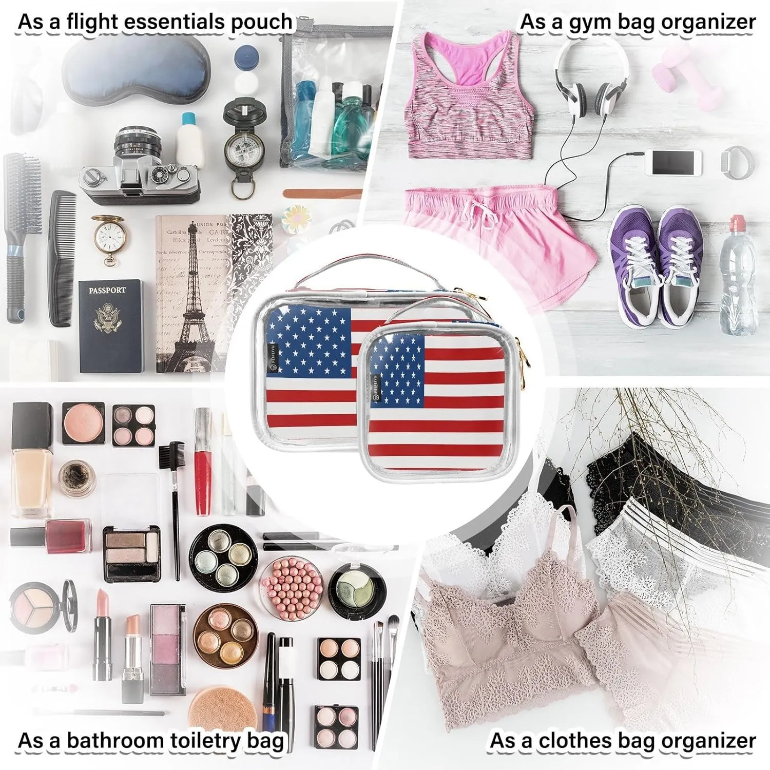 DOMIKING American Usa Flag Clear Makeup Bags for Women Men Portable Cosmetic Organizer Pouch Travel Toiletry Storage Bag for Travel Daily Gym