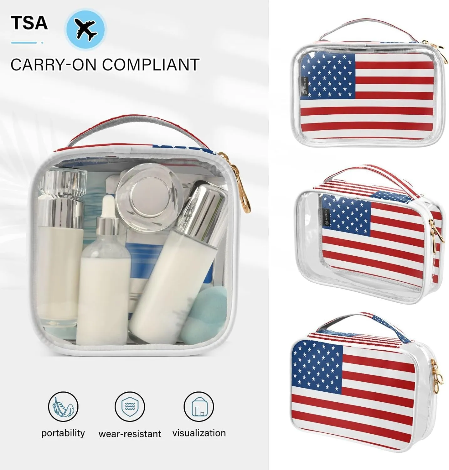 DOMIKING American Usa Flag Clear Makeup Bags for Women Men Portable Cosmetic Organizer Pouch Travel Toiletry Storage Bag for Travel Daily Gym