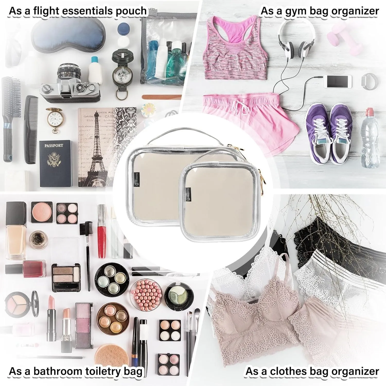 DOMIKING Beige Clear Makeup Bags for Women Men Portable Cosmetic Organizer Pouch Travel Toiletry Storage Bag for Skin Care Nail Polish