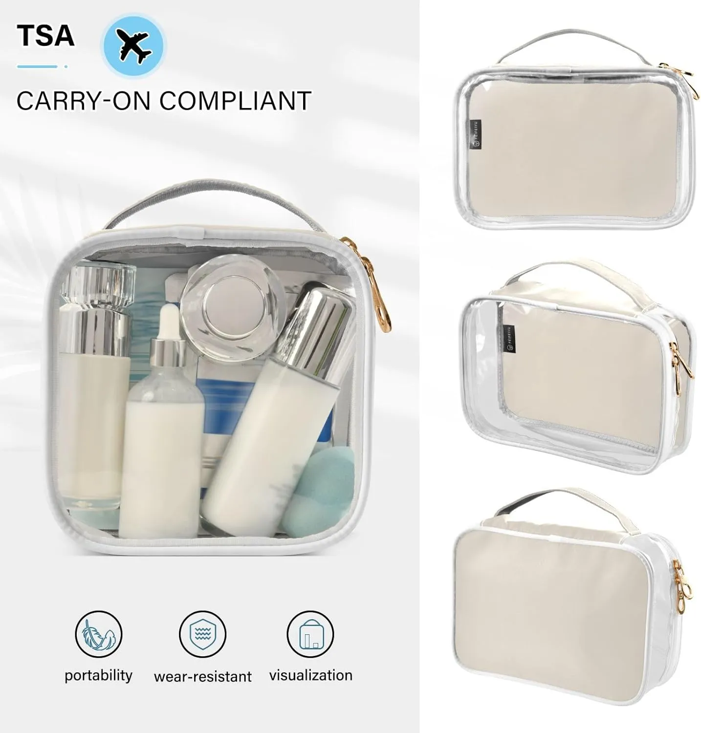 DOMIKING Beige Clear Makeup Bags for Women Men Portable Cosmetic Organizer Pouch Travel Toiletry Storage Bag for Skin Care Nail Polish