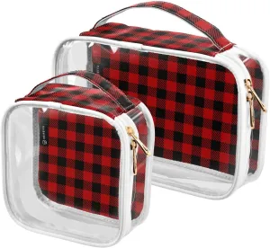DOMIKING Black Red Buffalo Plaid Check Clear Makeup Bags for Women Men Portable Cosmetic Organizer Pouch Travel Toiletry Storage Bag for Daily Use Travel Gym