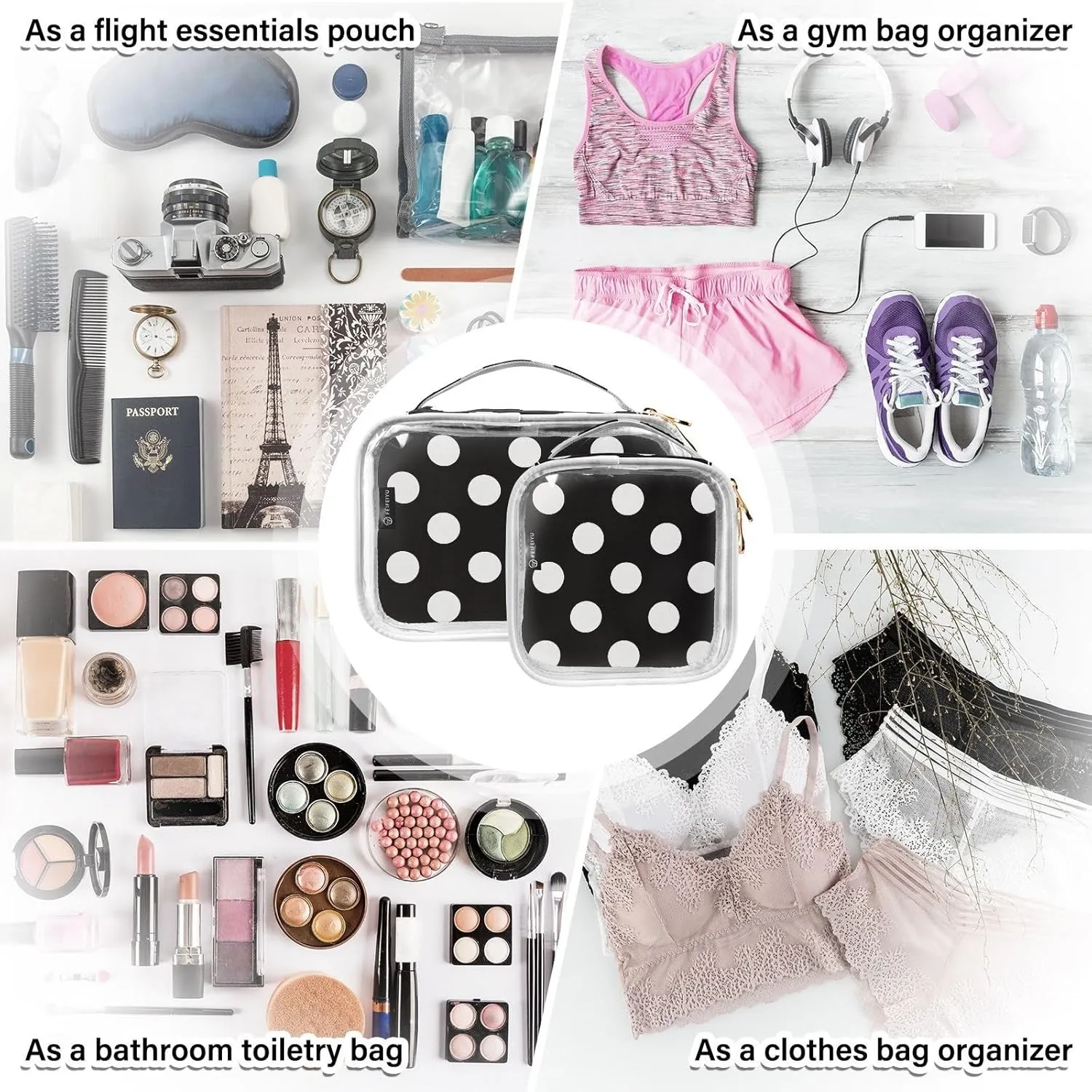 DOMIKING Black White Polka Dots Clear Makeup Bags for Women Men Portable Cosmetic Organizer Pouch Travel Toiletry Storage Bag for Nail Polish Skin Care