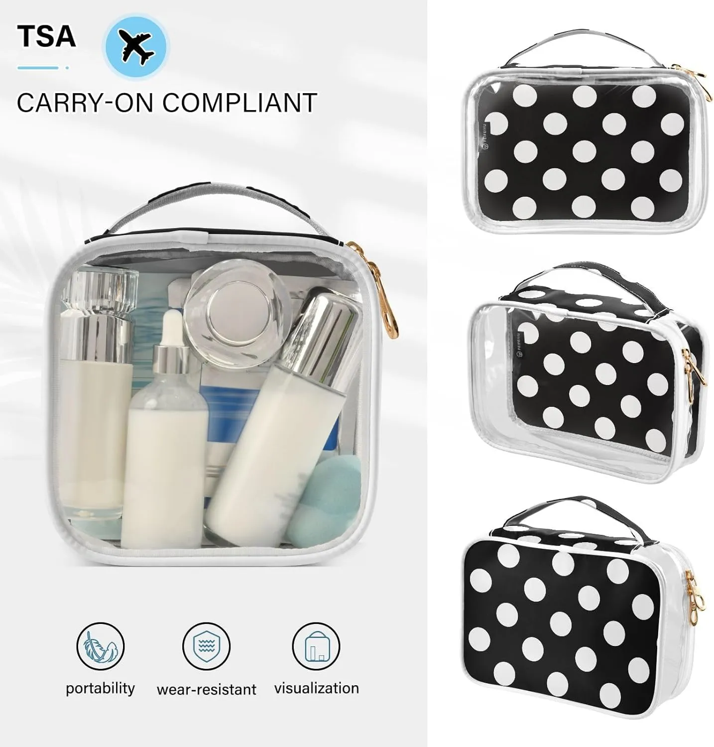 DOMIKING Black White Polka Dots Clear Makeup Bags for Women Men Portable Cosmetic Organizer Pouch Travel Toiletry Storage Bag for Nail Polish Skin Care