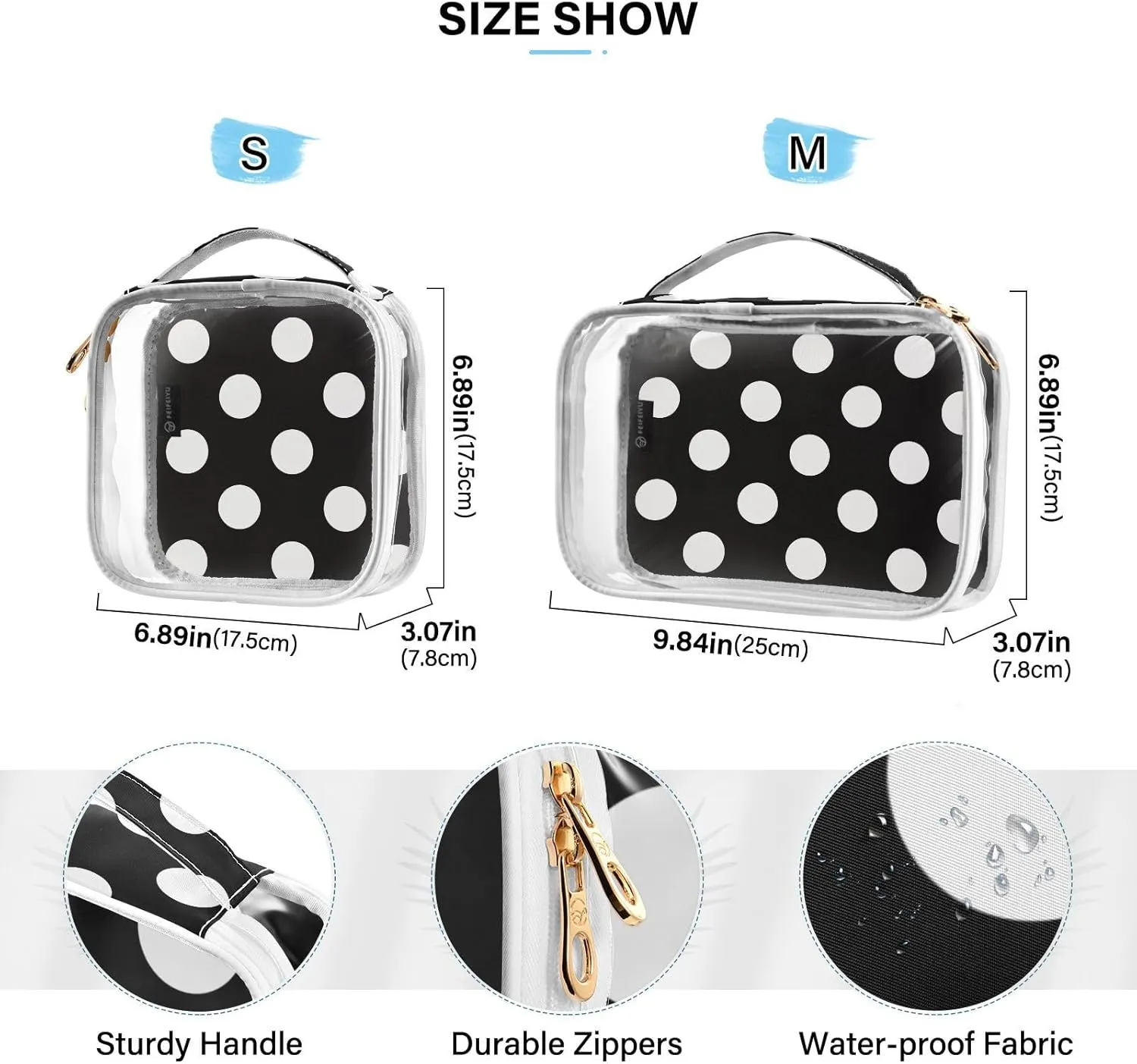 DOMIKING Black White Polka Dots Clear Makeup Bags for Women Men Portable Cosmetic Organizer Pouch Travel Toiletry Storage Bag for Nail Polish Skin Care
