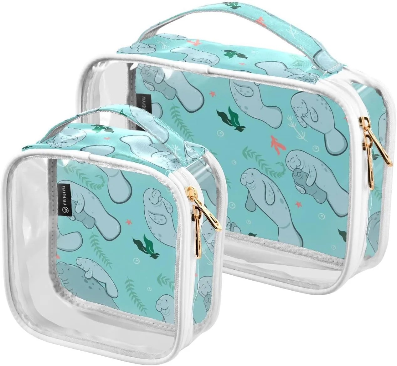 DOMIKING Blue Manatees Clear Makeup Bags for Women Men Portable Cosmetic Organizer Pouch Travel Toiletry Storage Bag for Gym Daily Travel