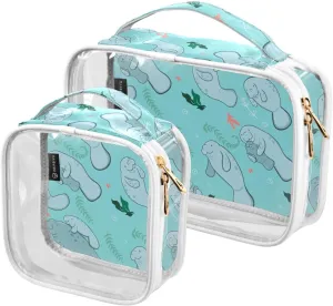 DOMIKING Blue Manatees Clear Makeup Bags for Women Men Portable Cosmetic Organizer Pouch Travel Toiletry Storage Bag for Gym Daily Travel