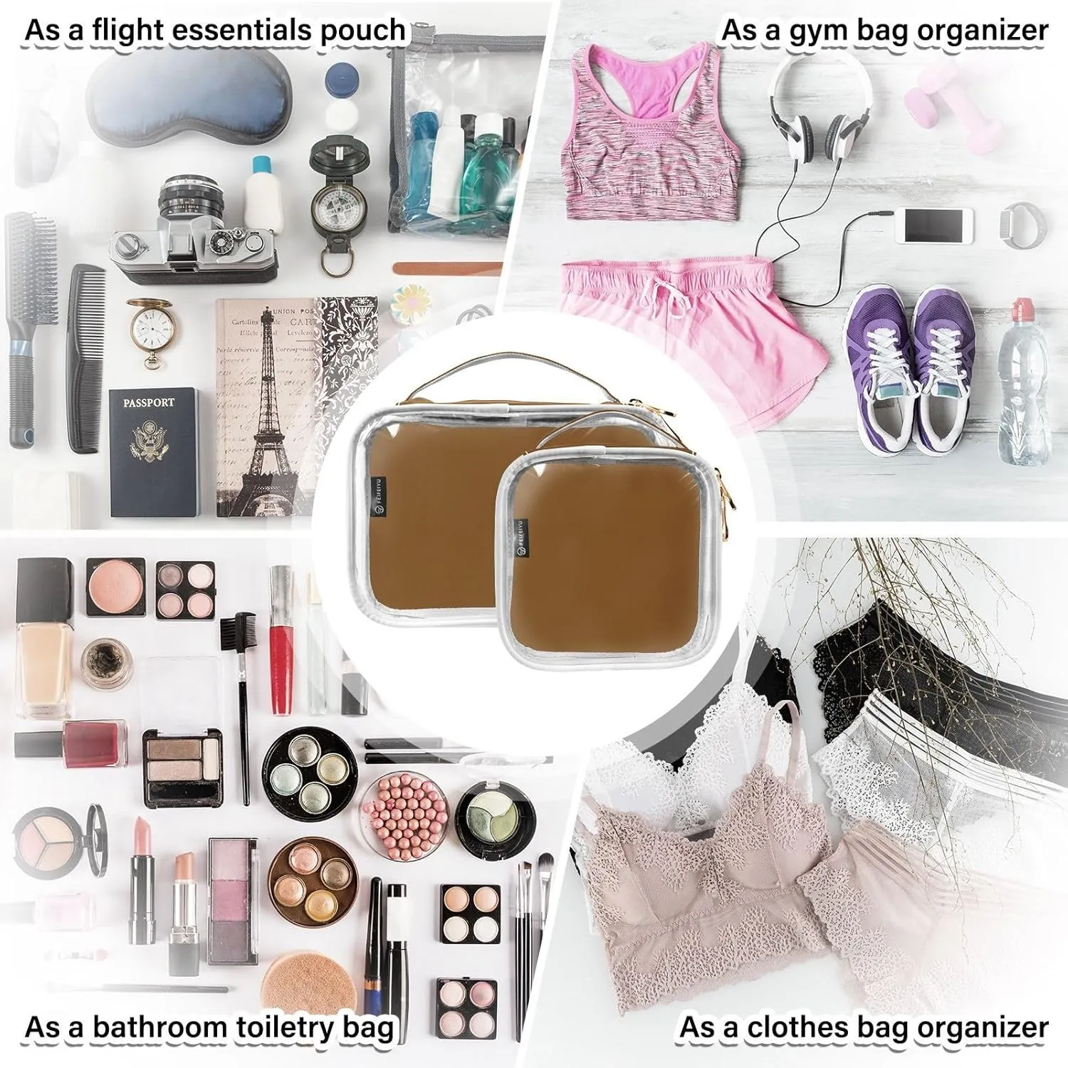 DOMIKING Brown Clear Makeup Bags for Women Men Portable Cosmetic Organizer Pouch Travel Toiletry Storage Bag for Travel Gym Daily Use
