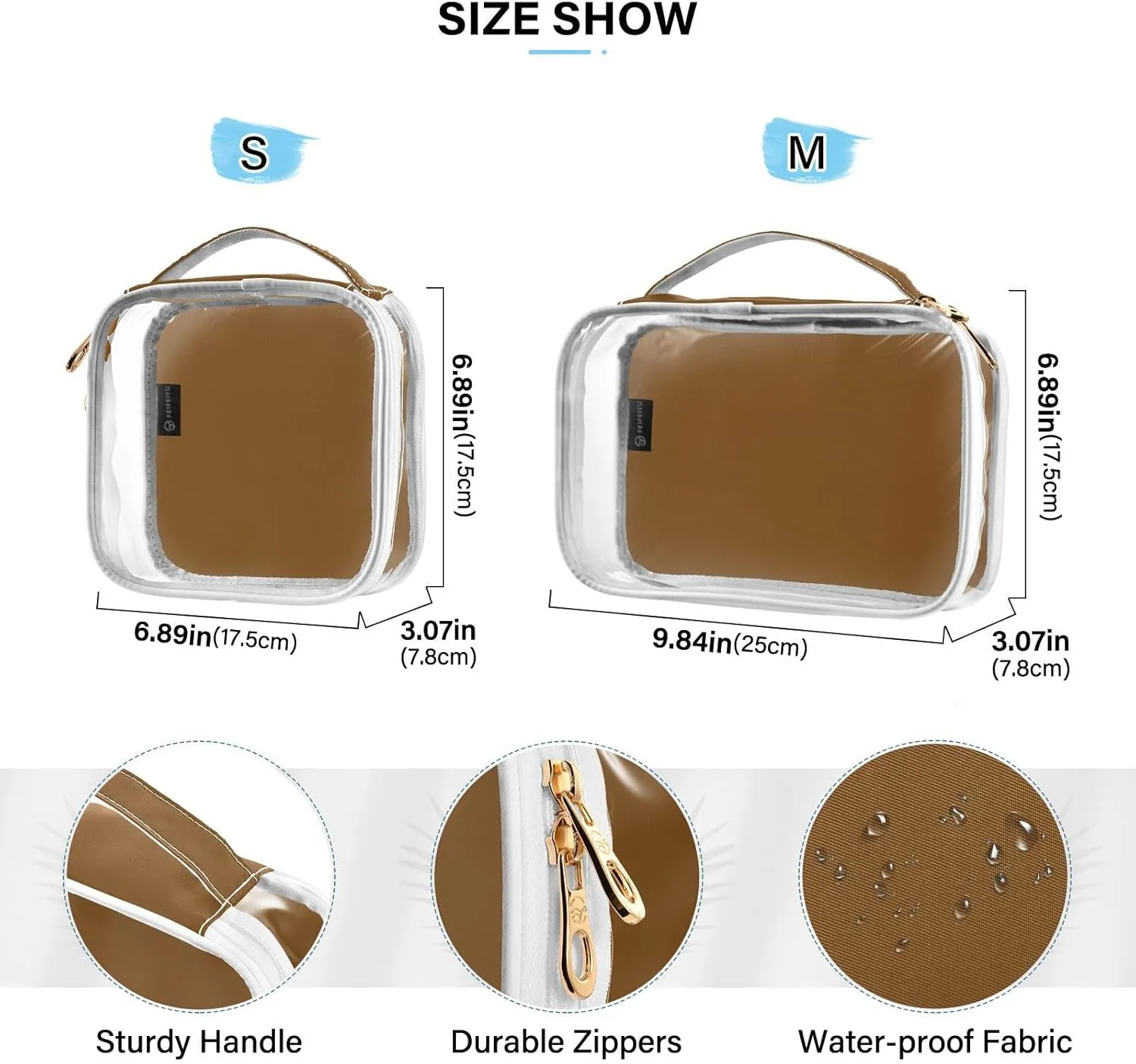 DOMIKING Brown Clear Makeup Bags for Women Men Portable Cosmetic Organizer Pouch Travel Toiletry Storage Bag for Travel Gym Daily Use