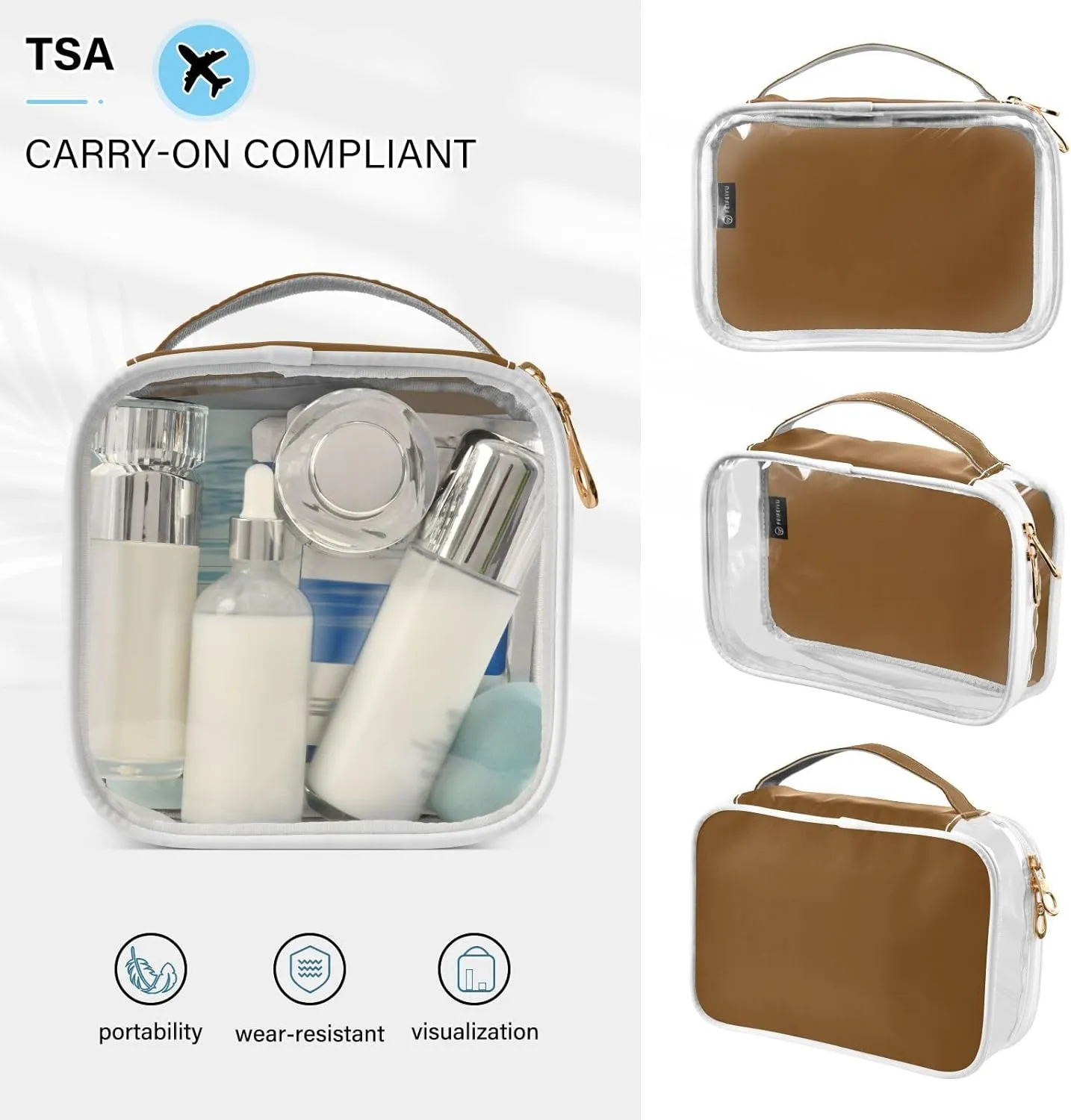 DOMIKING Brown Clear Makeup Bags for Women Men Portable Cosmetic Organizer Pouch Travel Toiletry Storage Bag for Travel Gym Daily Use