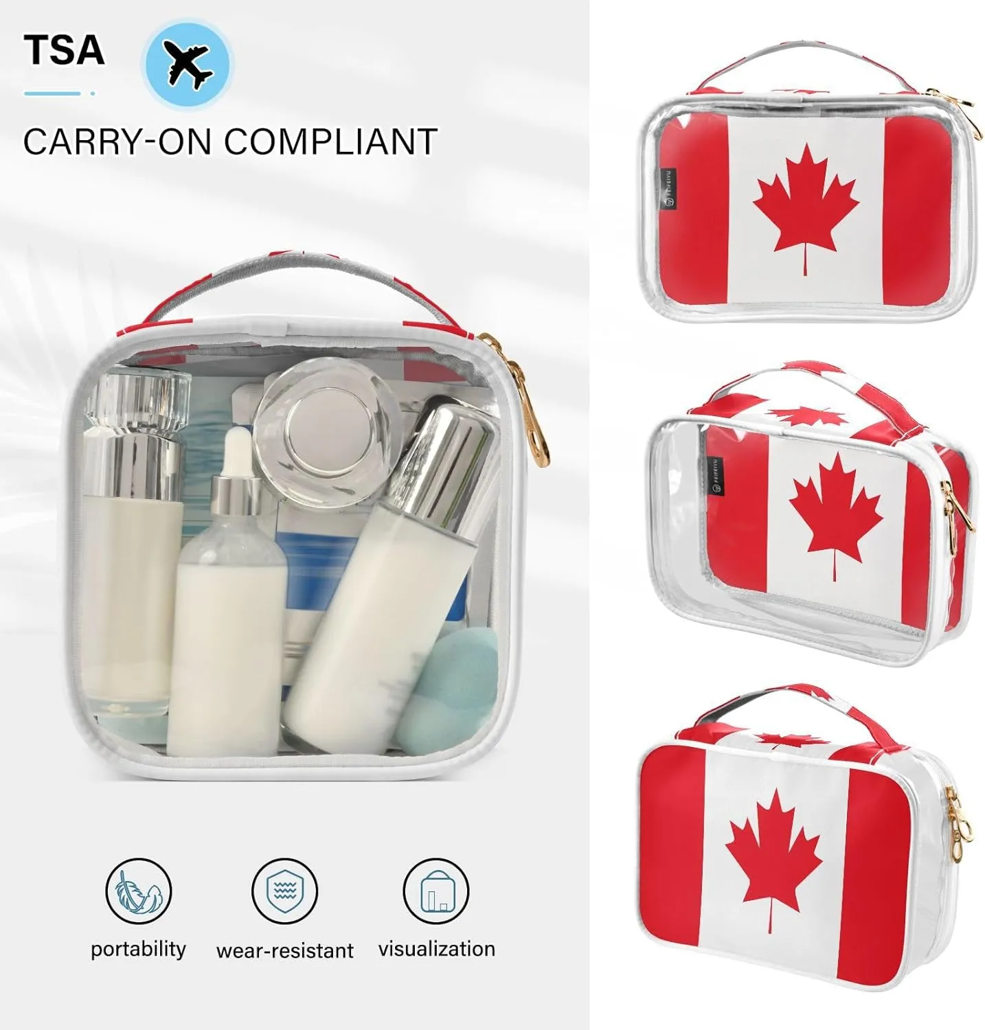 DOMIKING Canada Flag Clear Makeup Bags for Women Men Portable Cosmetic Organizer Pouch Travel Toiletry Storage Bag for Travel Daily Use Gym