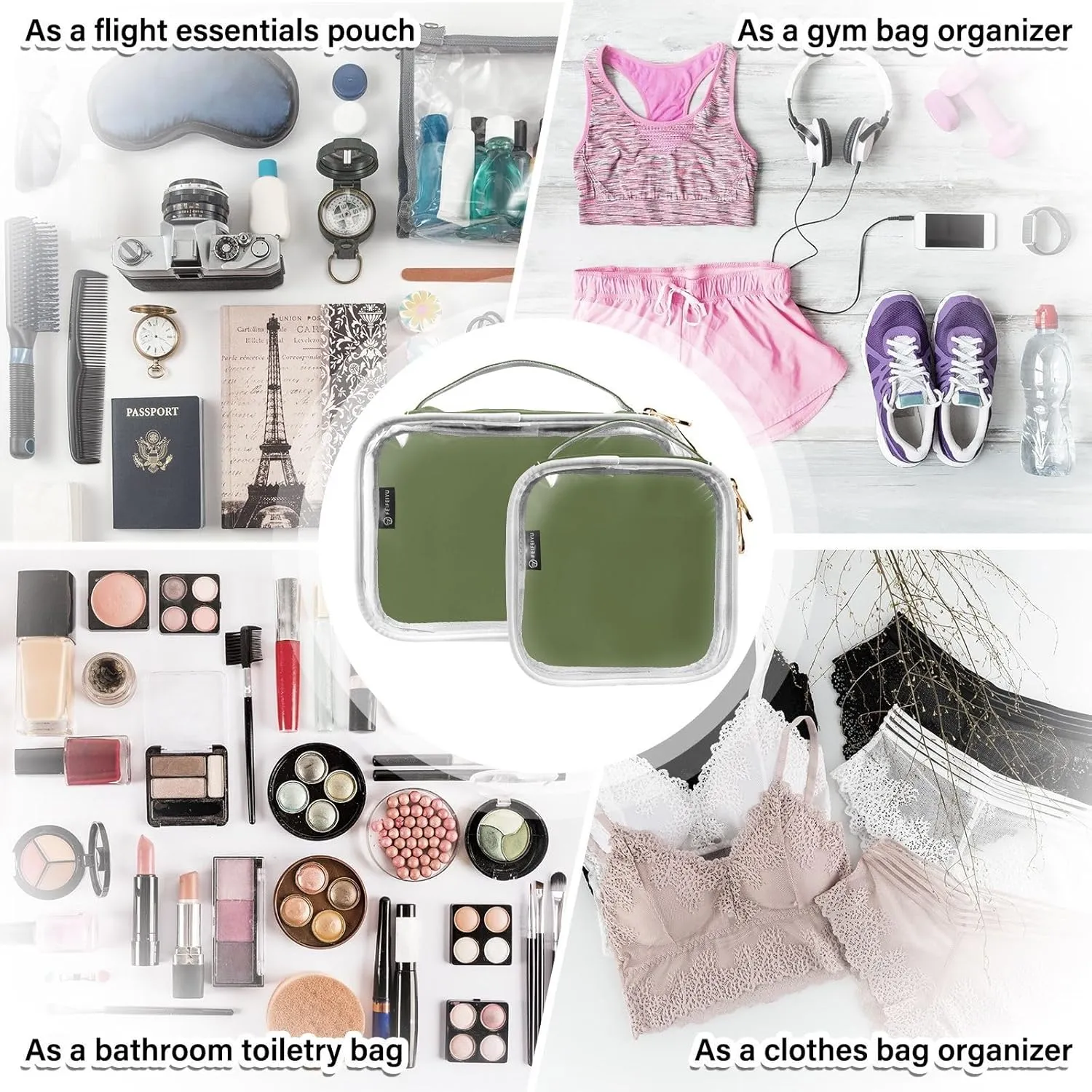 DOMIKING Dark Green Clear Makeup Bags for Women Men Portable Cosmetic Organizer Pouch Travel Toiletry Storage Bag for Travel Daily Use Gym