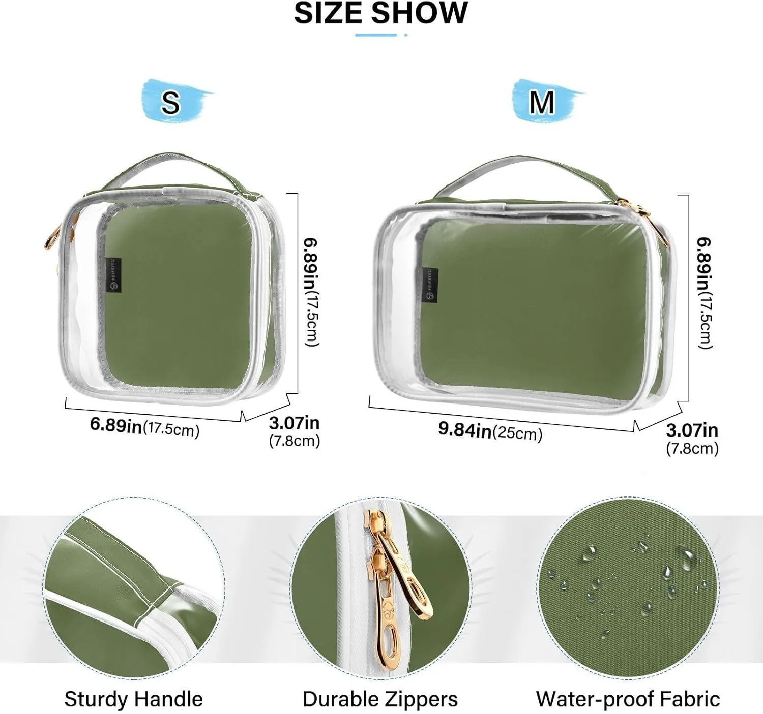 DOMIKING Dark Green Clear Makeup Bags for Women Men Portable Cosmetic Organizer Pouch Travel Toiletry Storage Bag for Travel Daily Use Gym
