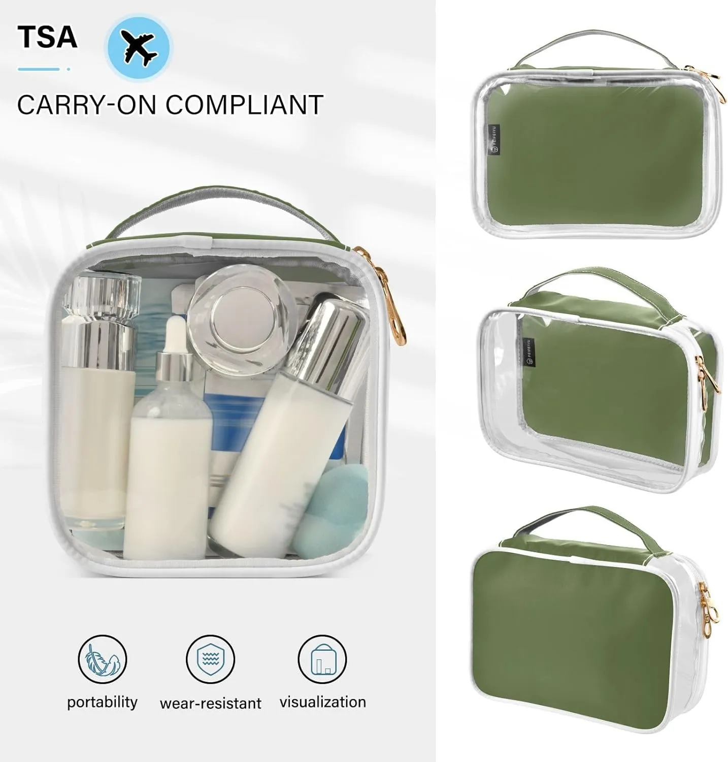 DOMIKING Dark Green Clear Makeup Bags for Women Men Portable Cosmetic Organizer Pouch Travel Toiletry Storage Bag for Travel Daily Use Gym