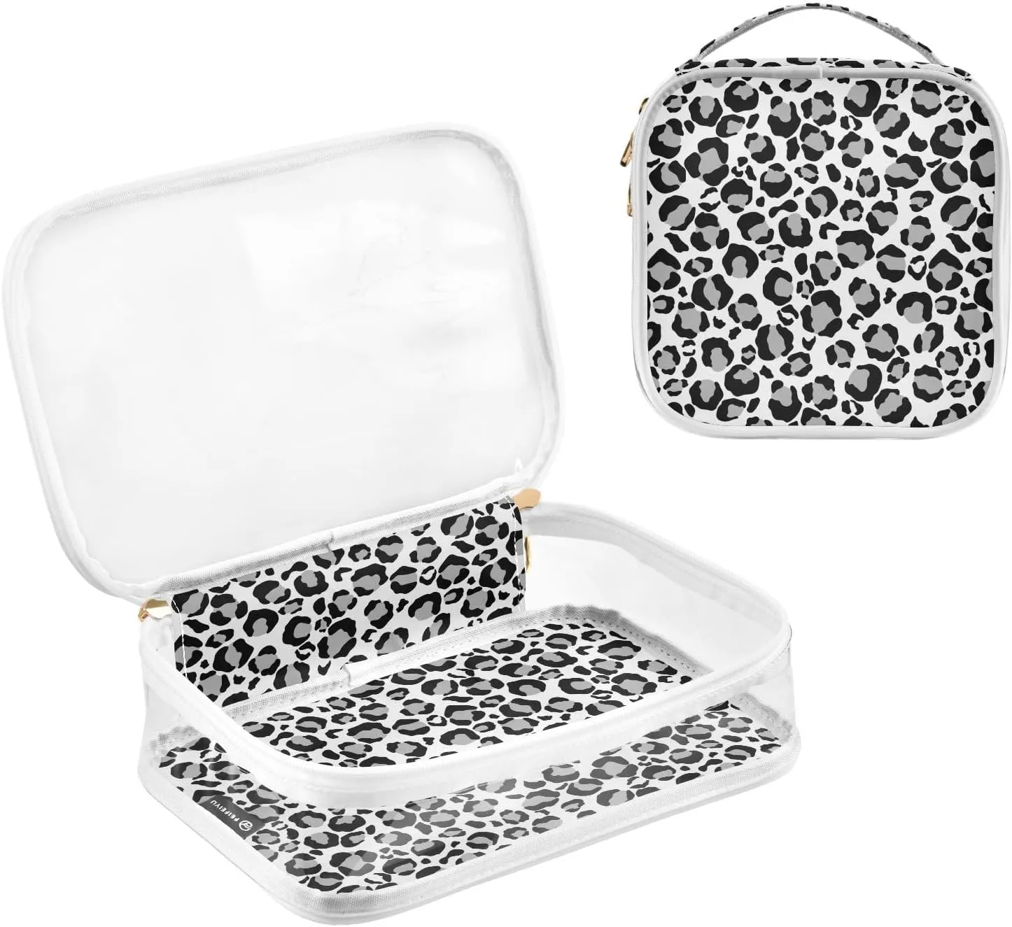 DOMIKING Sliver Snow Leopard Clear Makeup Bags for Women Men Portable Cosmetic Organizer Pouch Travel Toiletry Storage Bag for Gym Daily Use Travel