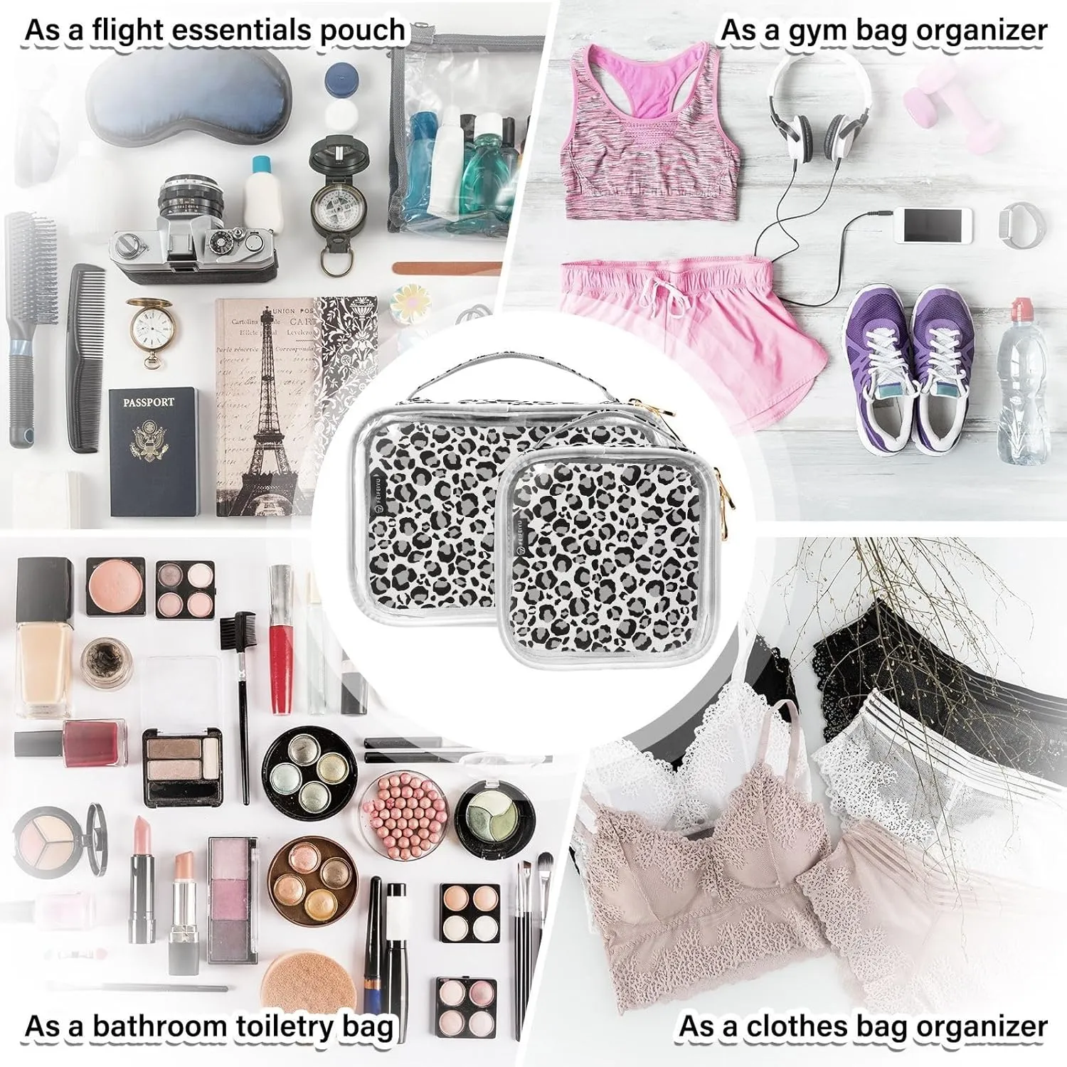 DOMIKING Sliver Snow Leopard Clear Makeup Bags for Women Men Portable Cosmetic Organizer Pouch Travel Toiletry Storage Bag for Gym Daily Use Travel