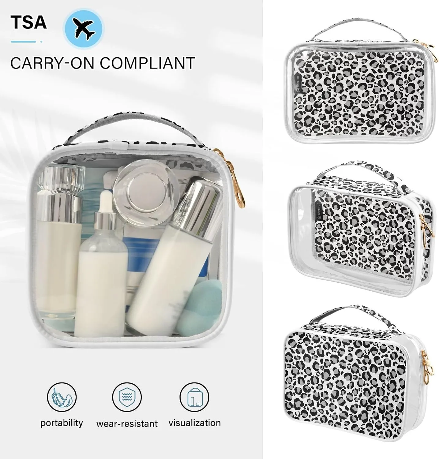 DOMIKING Sliver Snow Leopard Clear Makeup Bags for Women Men Portable Cosmetic Organizer Pouch Travel Toiletry Storage Bag for Gym Daily Use Travel