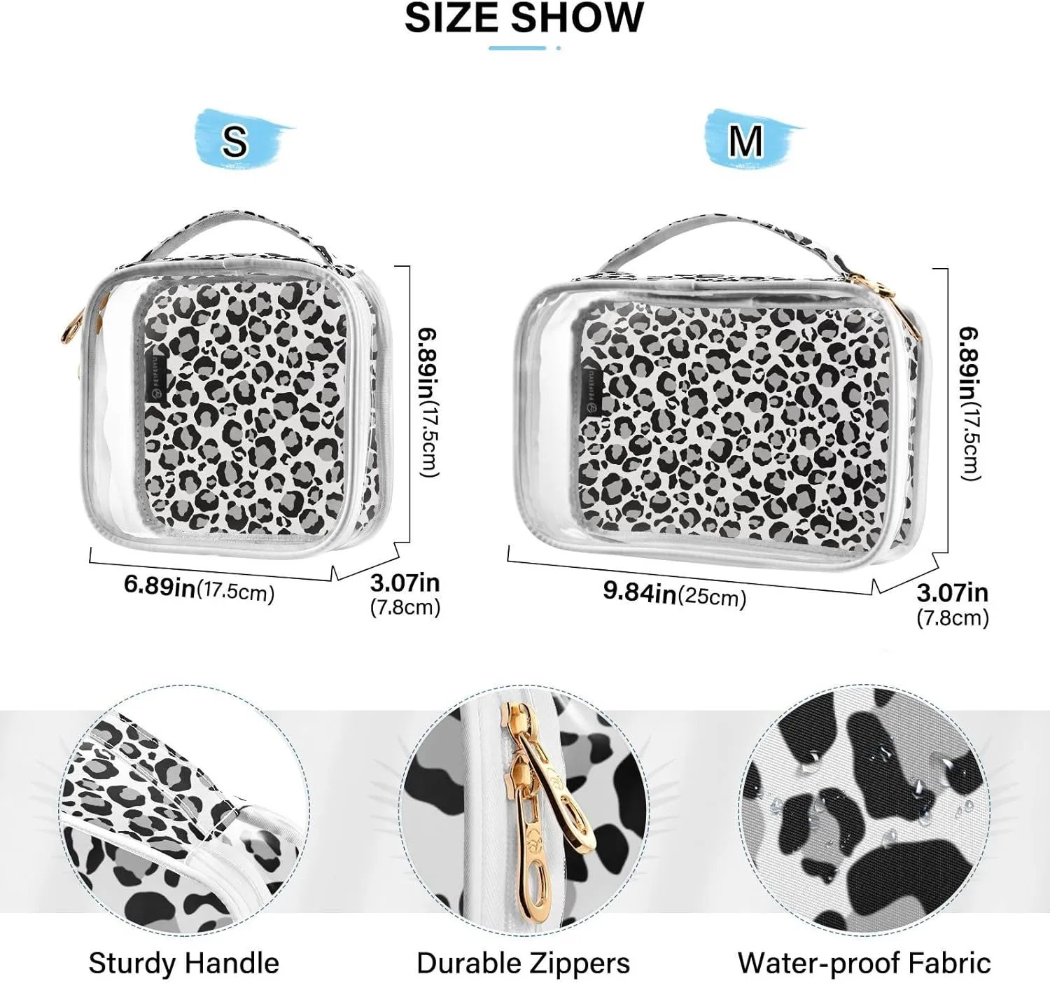 DOMIKING Sliver Snow Leopard Clear Makeup Bags for Women Men Portable Cosmetic Organizer Pouch Travel Toiletry Storage Bag for Gym Daily Use Travel