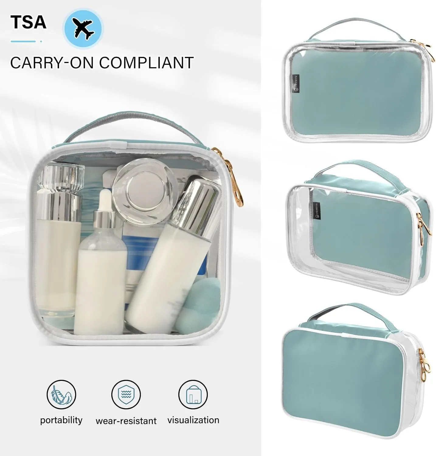 DOMIKING Teal Clear Makeup Bags for Women Men Portable Cosmetic Organizer Pouch Travel Toiletry Storage Bag for Gym Daily Use Travel