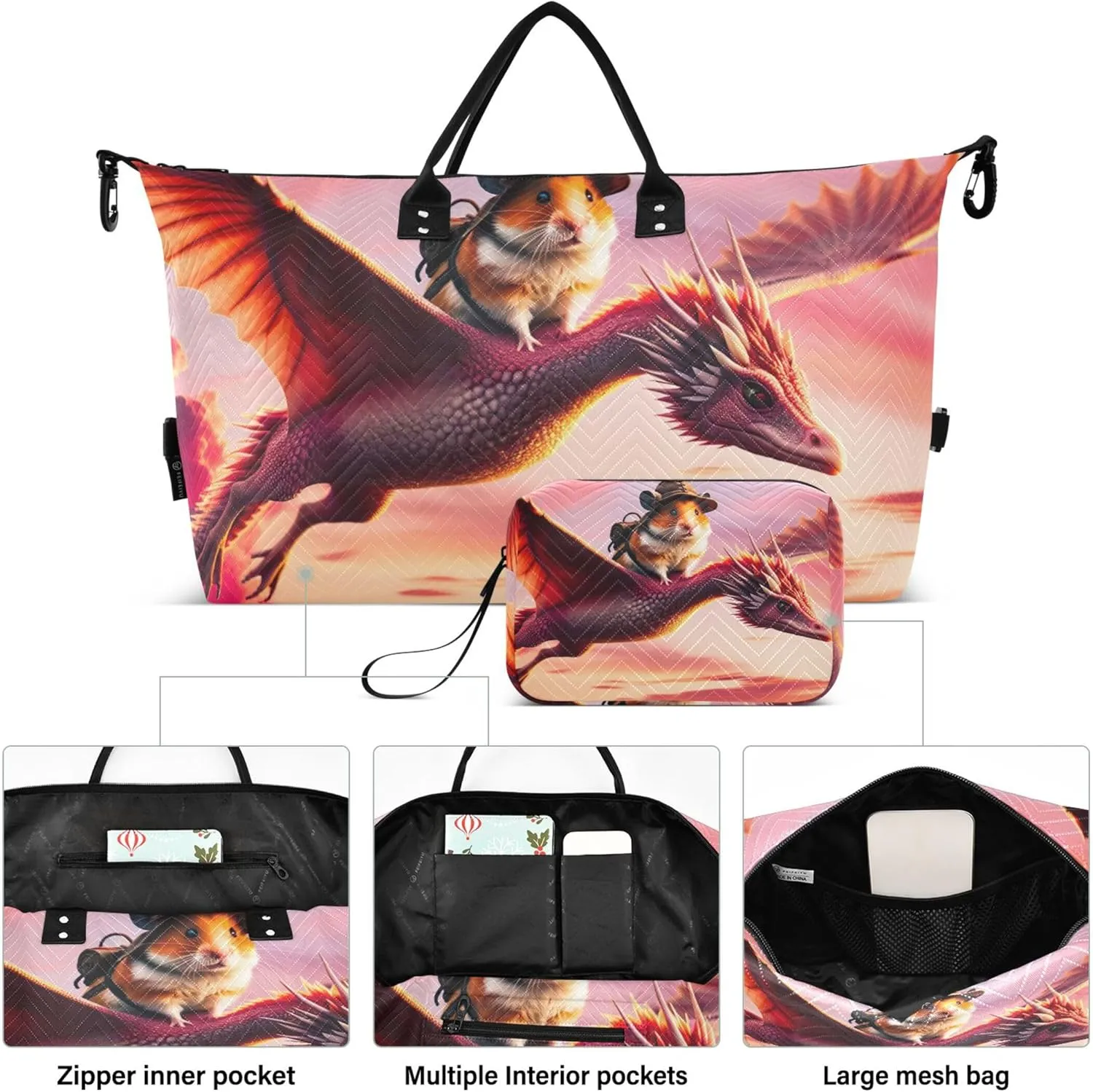 Duck Dragon Flies Funny Travel Duffel Bag Toiletry Bag Set of 2, Modern Womens Sports Bag Carry on Bags