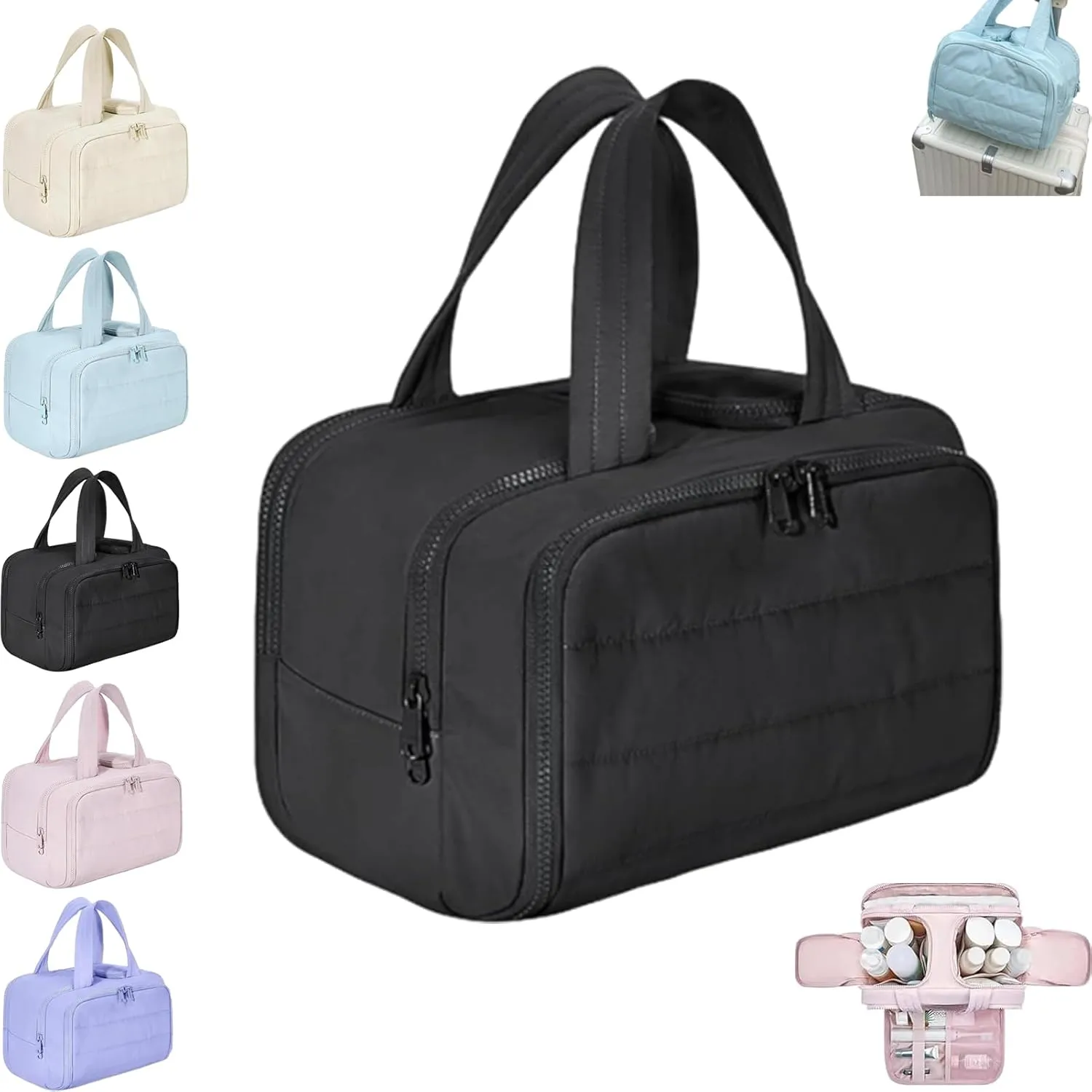 Elouva Toiletry Bag, Large Capacity Wide-Open Travel Cosmetic Bag, 4-in-1 Multi-Functional Lightweight Makeup Bags for Women with Handle for Accessories, Essentials, Toiletries (Black)