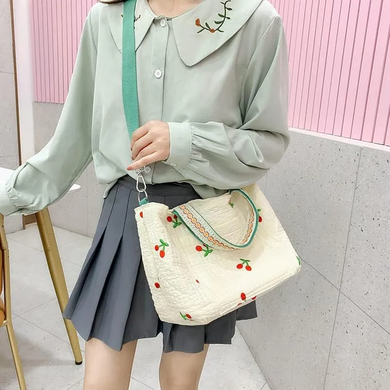 Fairycore Cherry Embroidered Messenger Bag Aesthetic Mother Diaper Bag Y2K Shoulder Bag Trendy Crossbody Bag Accessories