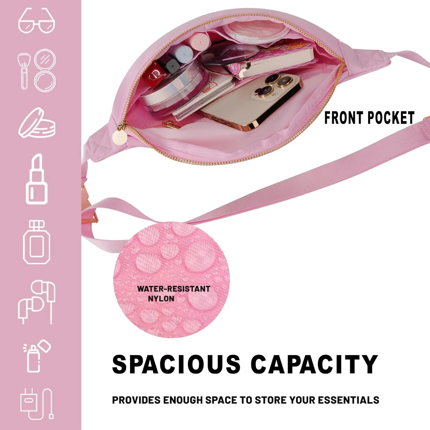 Fanny Pack Travel Plus Size Belt Bag Stadium Sling Bags Approved Water-resistant Nylon Crossbody Bags for Women (Light Pink)