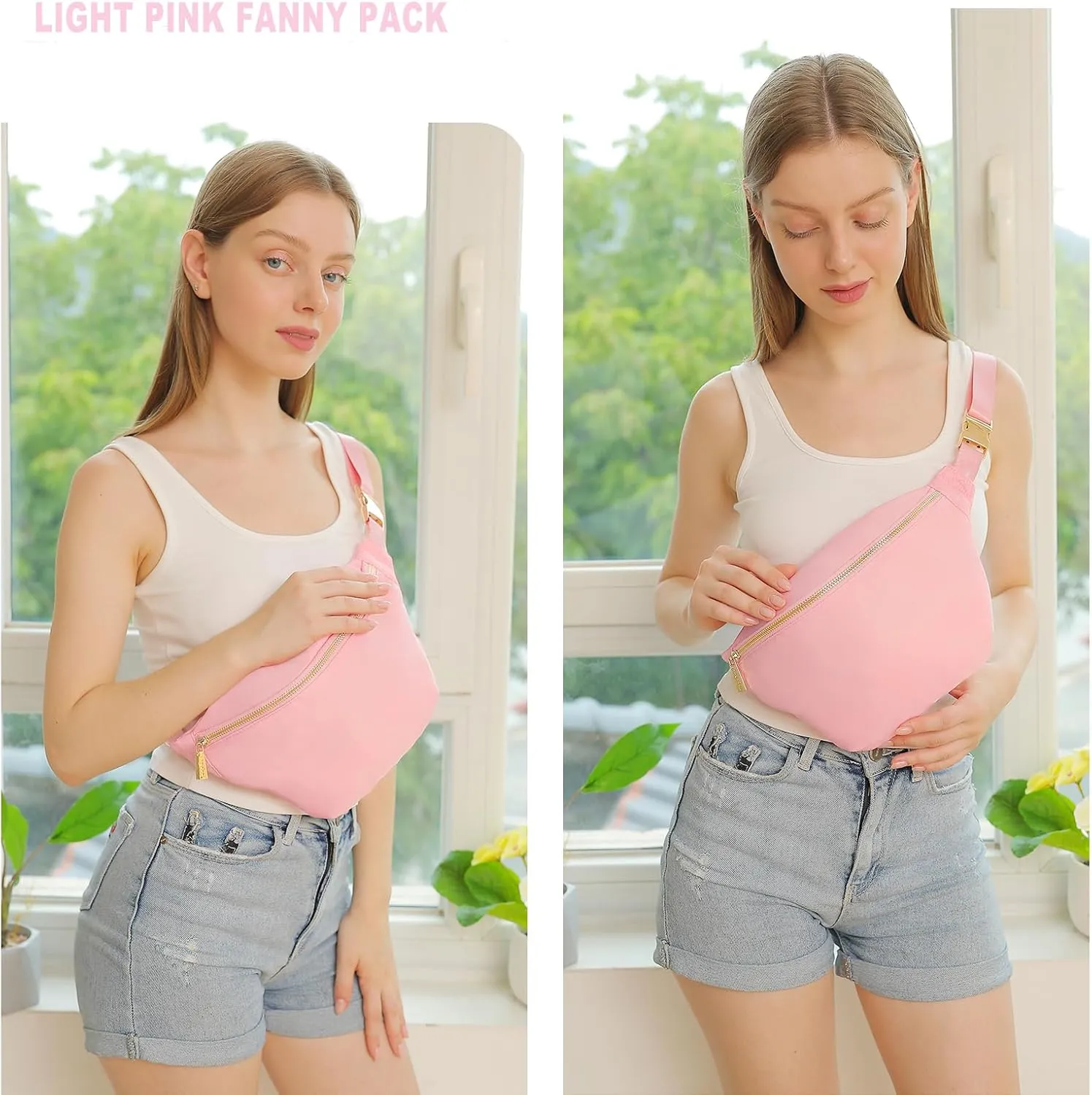 Fanny Pack Travel Plus Size Belt Bag Stadium Sling Bags Approved Water-resistant Nylon Crossbody Bags for Women (Light Pink)