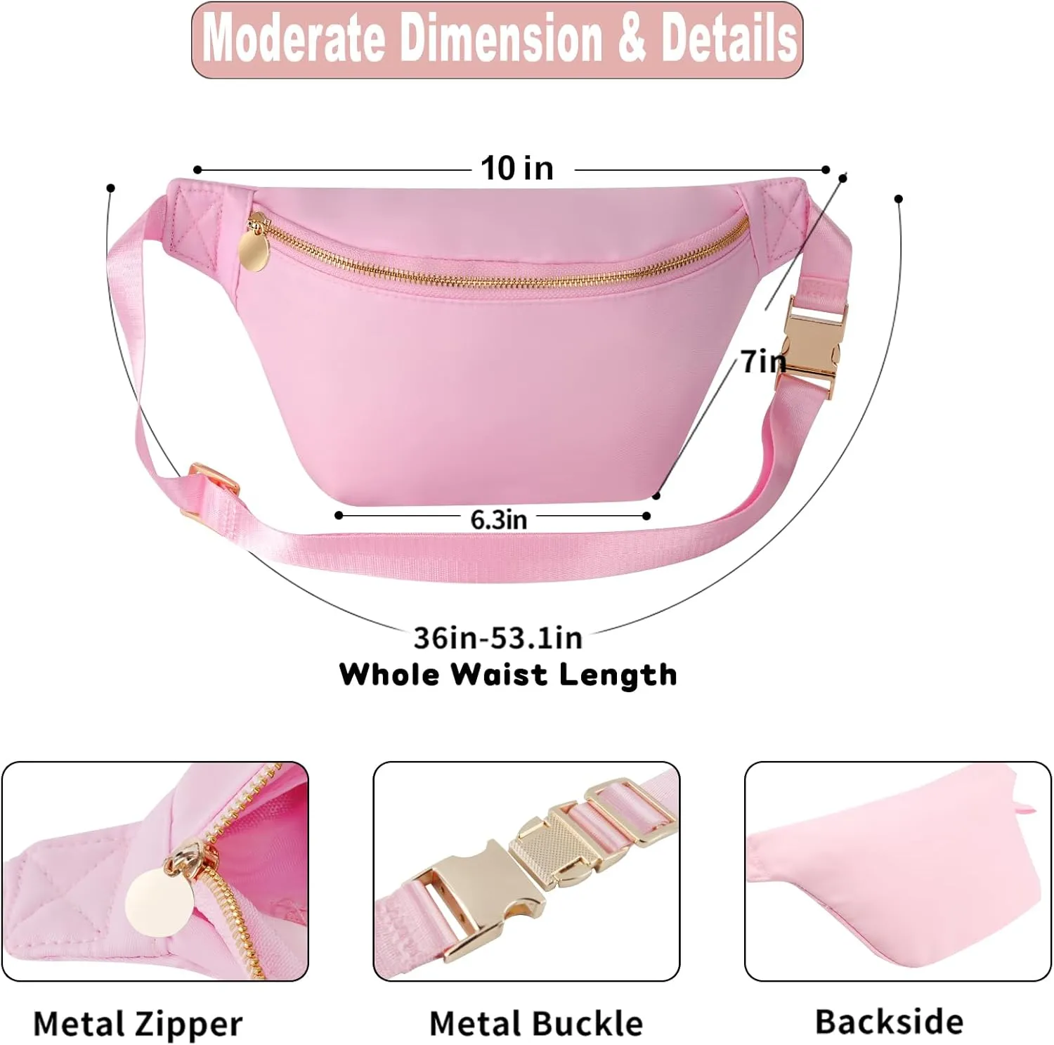 Fanny Pack Travel Plus Size Belt Bag Stadium Sling Bags Approved Water-resistant Nylon Crossbody Bags for Women (Light Pink)