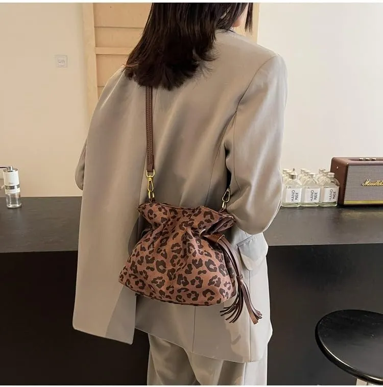 Fashion Cheetah Shoulder Bag Purse, Trendy Leopard Print Slouchy Hobo Bag Suede Vintage Chic Bucket Purse Handbag