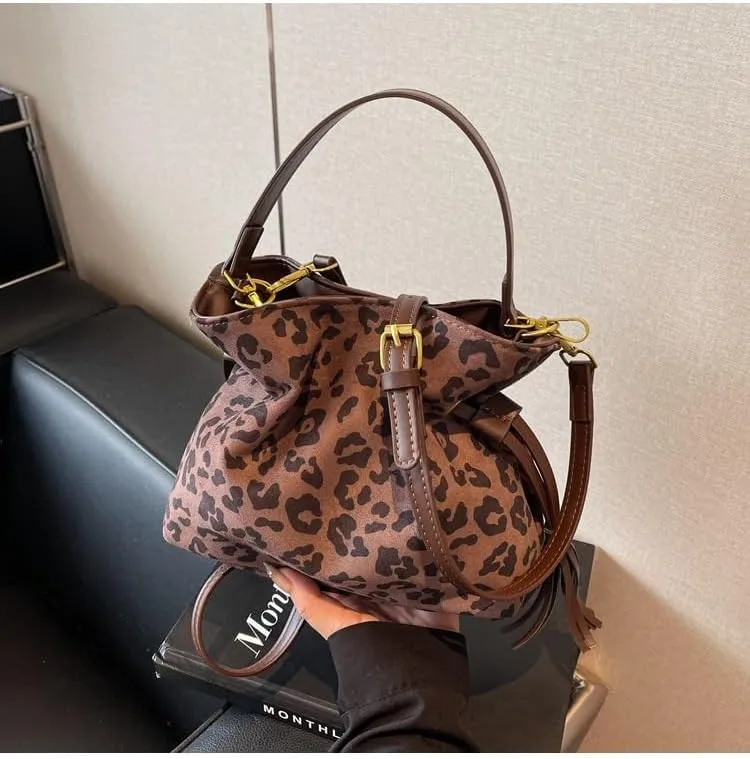 Fashion Cheetah Shoulder Bag Purse, Trendy Leopard Print Slouchy Hobo Bag Suede Vintage Chic Bucket Purse Handbag