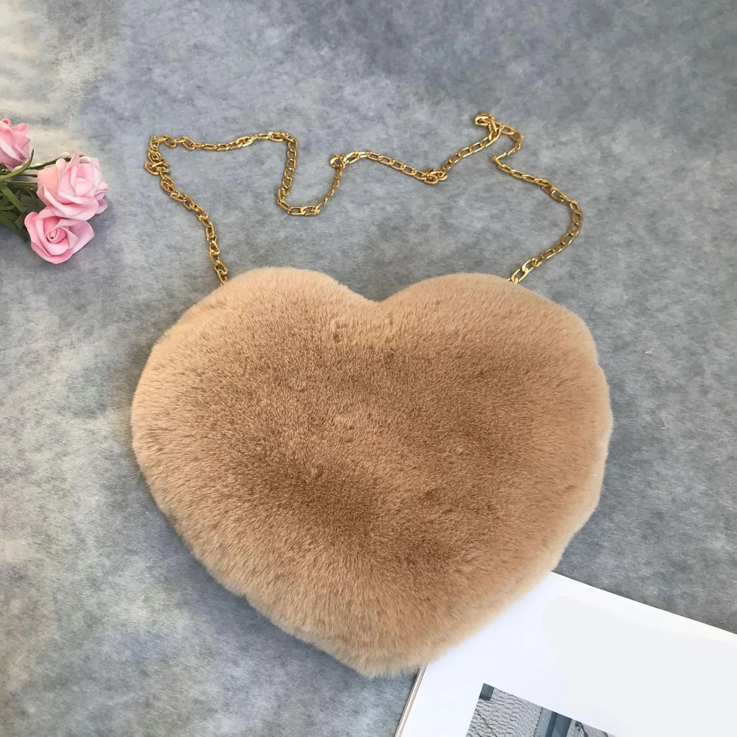 Fashion Love Bag Peach Heart Bags Women Chain Crossbody Bag Plush One Shoulder Wool Plush Heart (Khaki, One Size)