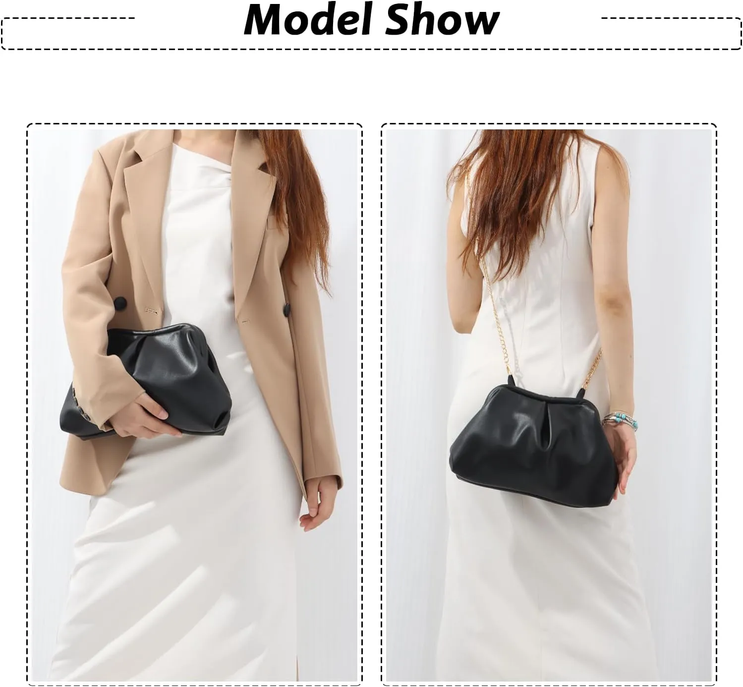 Fecialy Women's PU Leather Clutch Purse Ruched Handbags Formal Evening Bag Chic Soft Dumpling Crossbody Bag Party Wedding