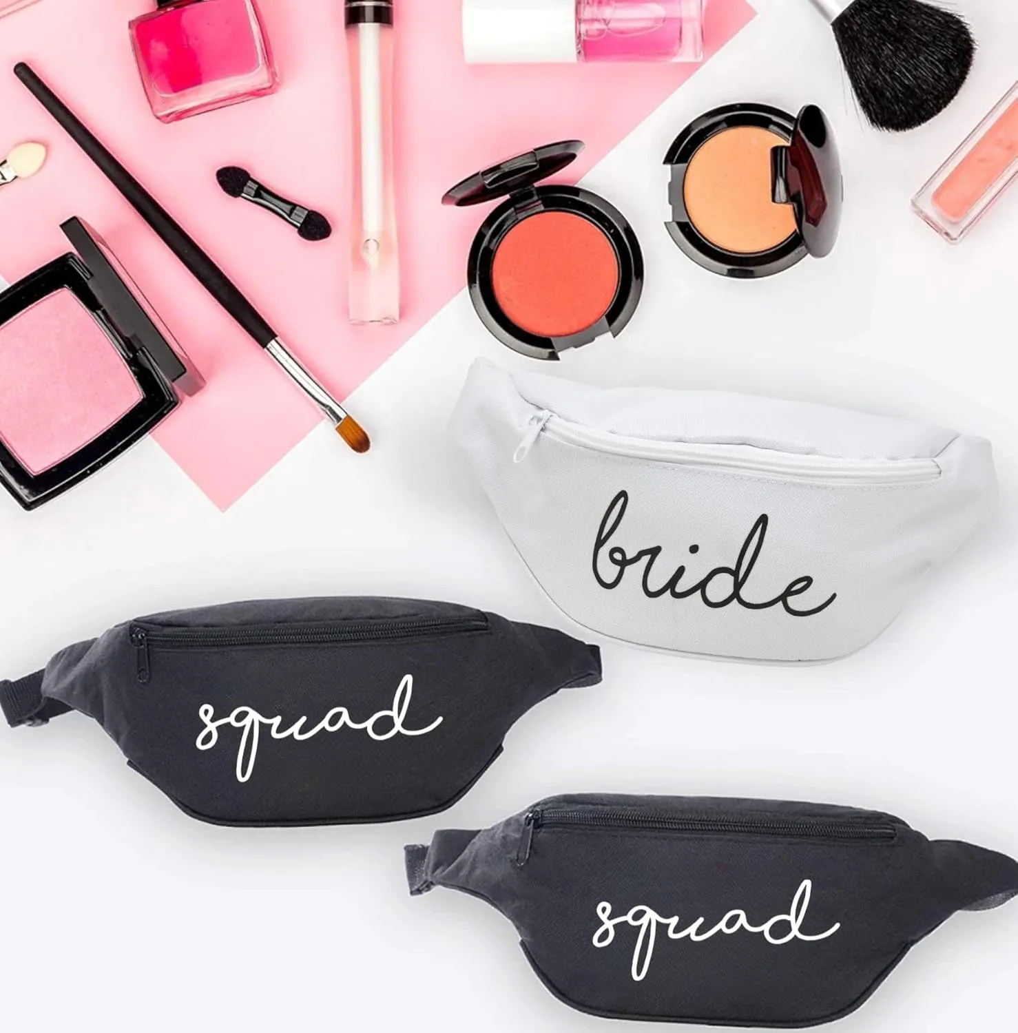 Funky Junque Bachelorette Fanny Packs - 6 Pack: 1 Bride (White) & 5 Squad (Black)