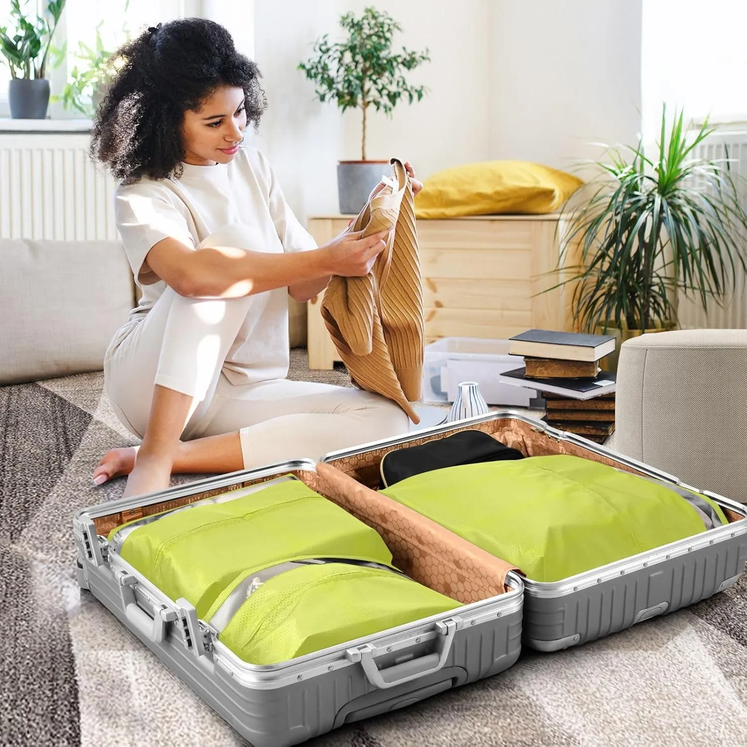Garment Bag Closet Storage, Luggage Space Saver, Solid Color Light Green, Waterproof, 3 Set Travel Packing Cubes For Suitcases, Luggages Management Personnel