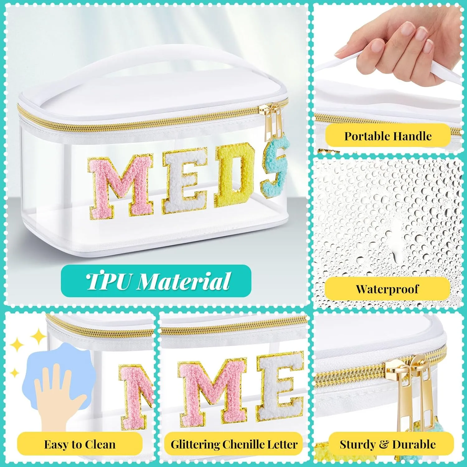 Geetery Chenille Letter Bag Nylon Makeup Portable Cases Preppy Patch Makeup Bag with Zipper Cosmetic Toiletry Storage case for Women(White,Stylish Meds)