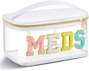 Geetery Chenille Letter Bag Nylon Makeup Portable Cases Preppy Patch Makeup Bag with Zipper Cosmetic Toiletry Storage case for Women(White,Stylish Meds)