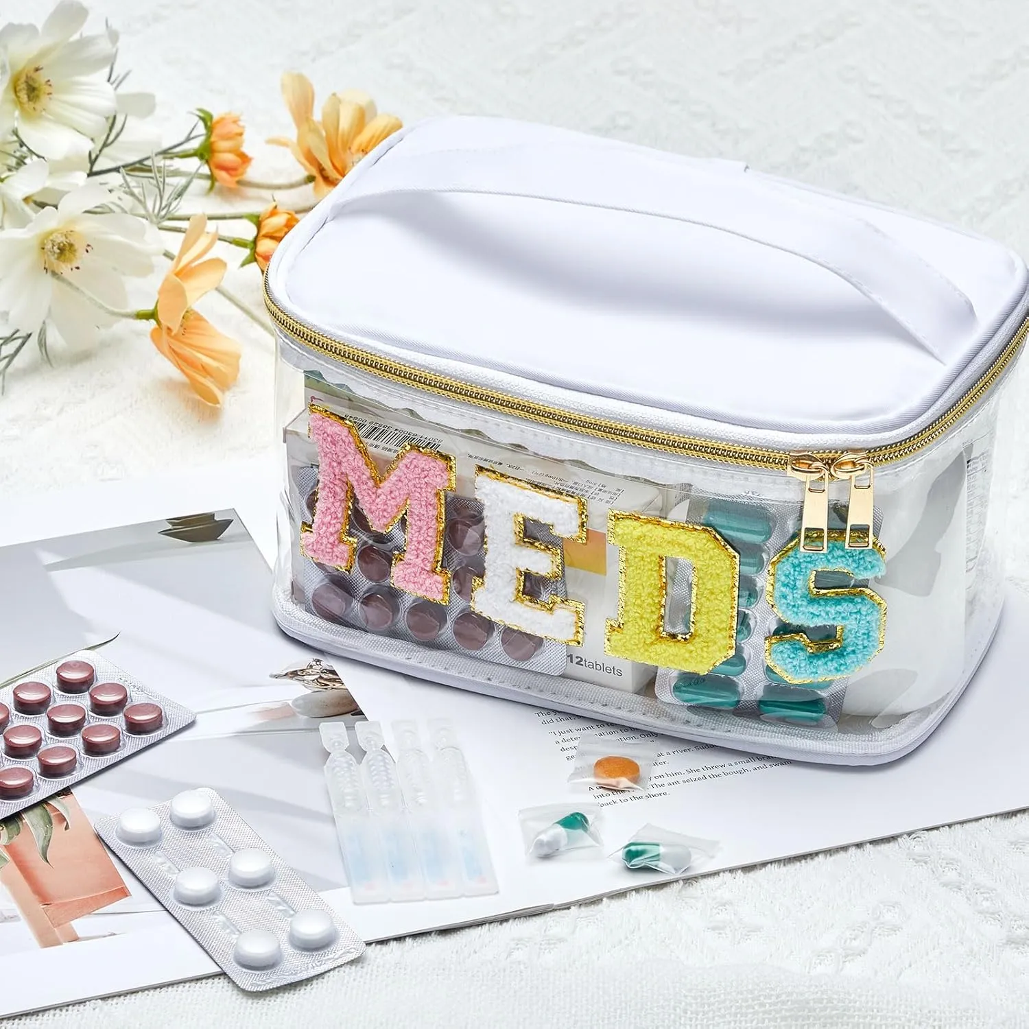 Geetery Chenille Letter Bag Nylon Makeup Portable Cases Preppy Patch Makeup Bag with Zipper Cosmetic Toiletry Storage case for Women(White,Stylish Meds)