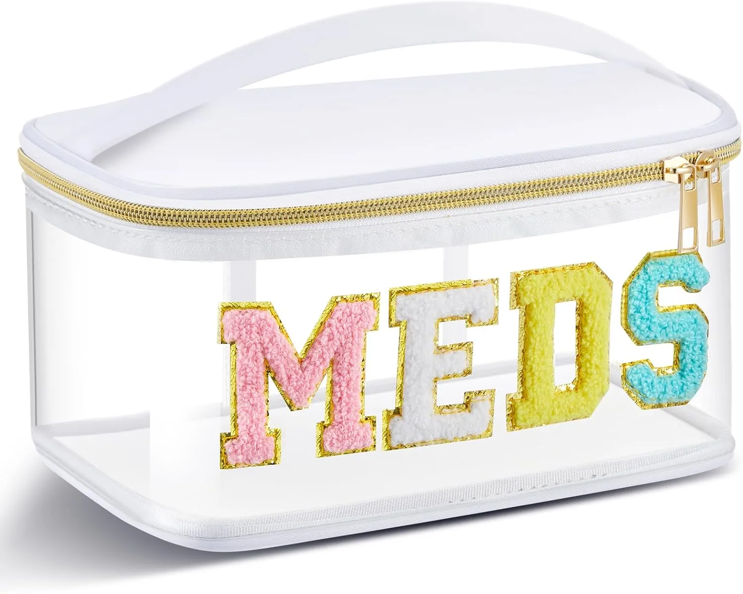 Geetery Chenille Letter Bag Nylon Makeup Portable Cases Preppy Patch Makeup Bag with Zipper Cosmetic Toiletry Storage case for Women(White,Stylish Meds)