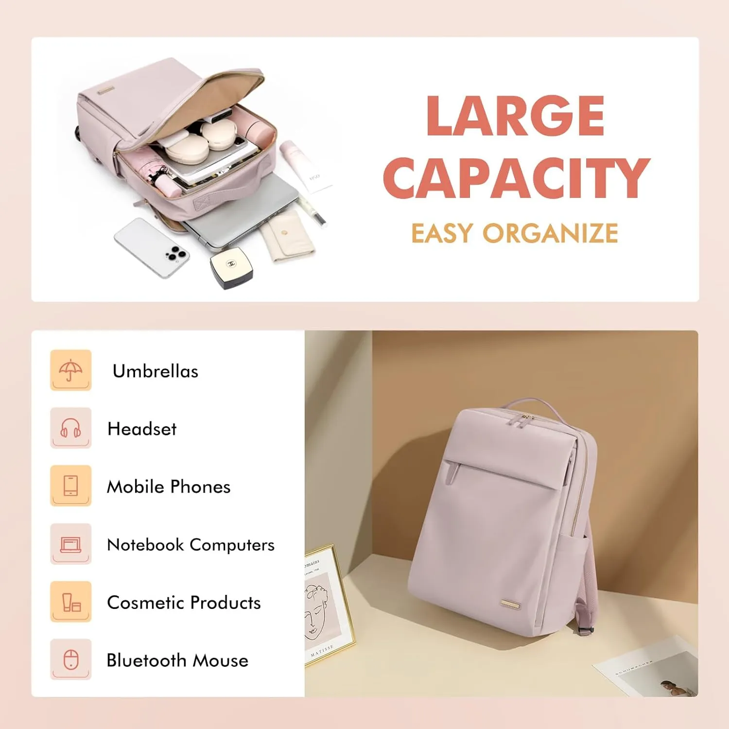 GOLF SUPAGS Travel Laptop Backpack for Women Airline Approved for Work College Travel Multi-Functional Casual Daypack Teacher Nurse Bags Fits 15.6 Inch Notebook (Pinkish Grey)