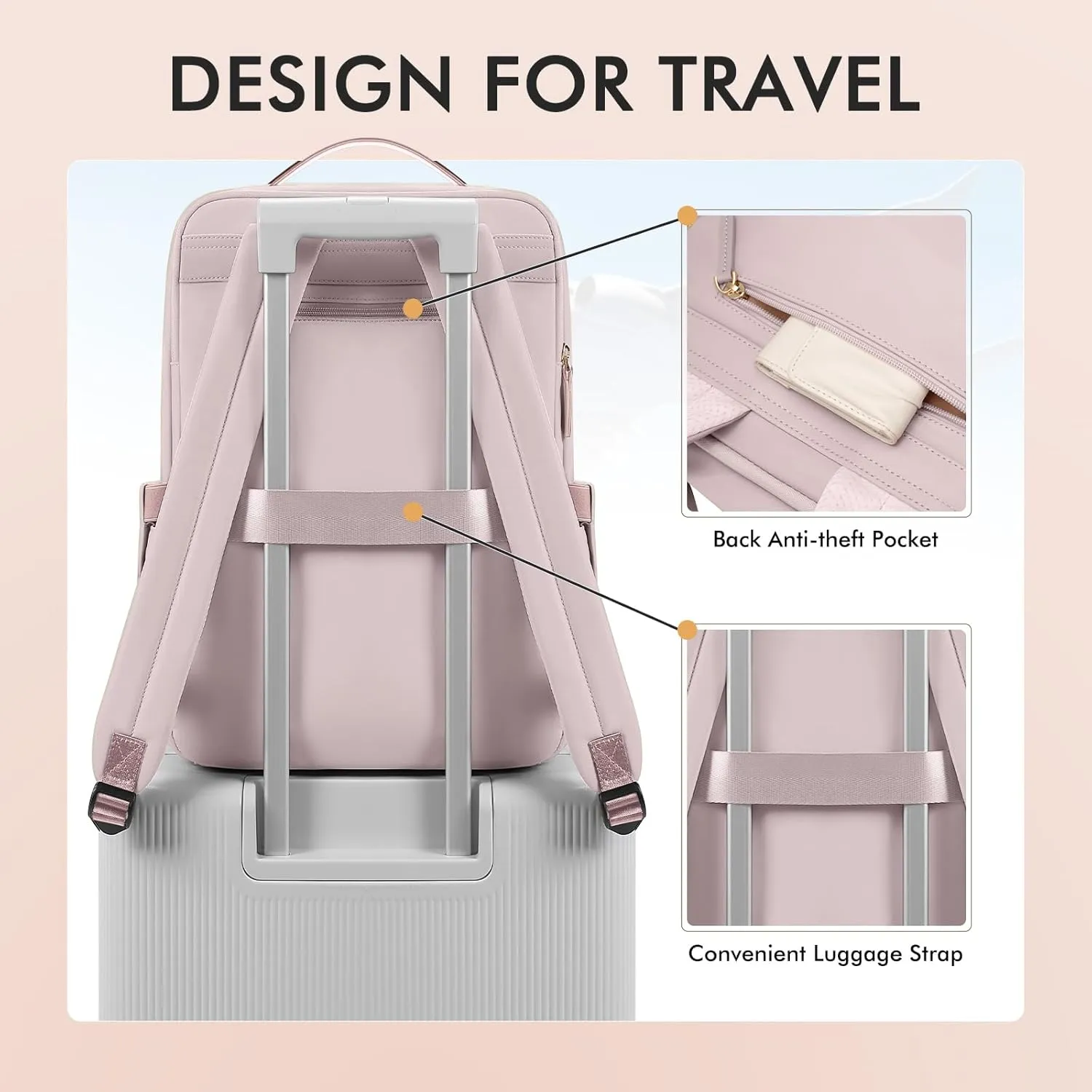 GOLF SUPAGS Travel Laptop Backpack for Women Airline Approved for Work College Travel Multi-Functional Casual Daypack Teacher Nurse Bags Fits 15.6 Inch Notebook (Pinkish Grey)