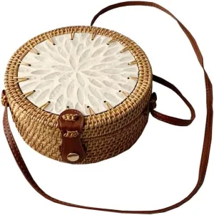 Handmade Round Circle Shaped Rattan Woven Purse for Women, Summer Beach Ata Wicker Basket Straw Brown Hobo Bag Chic Tote