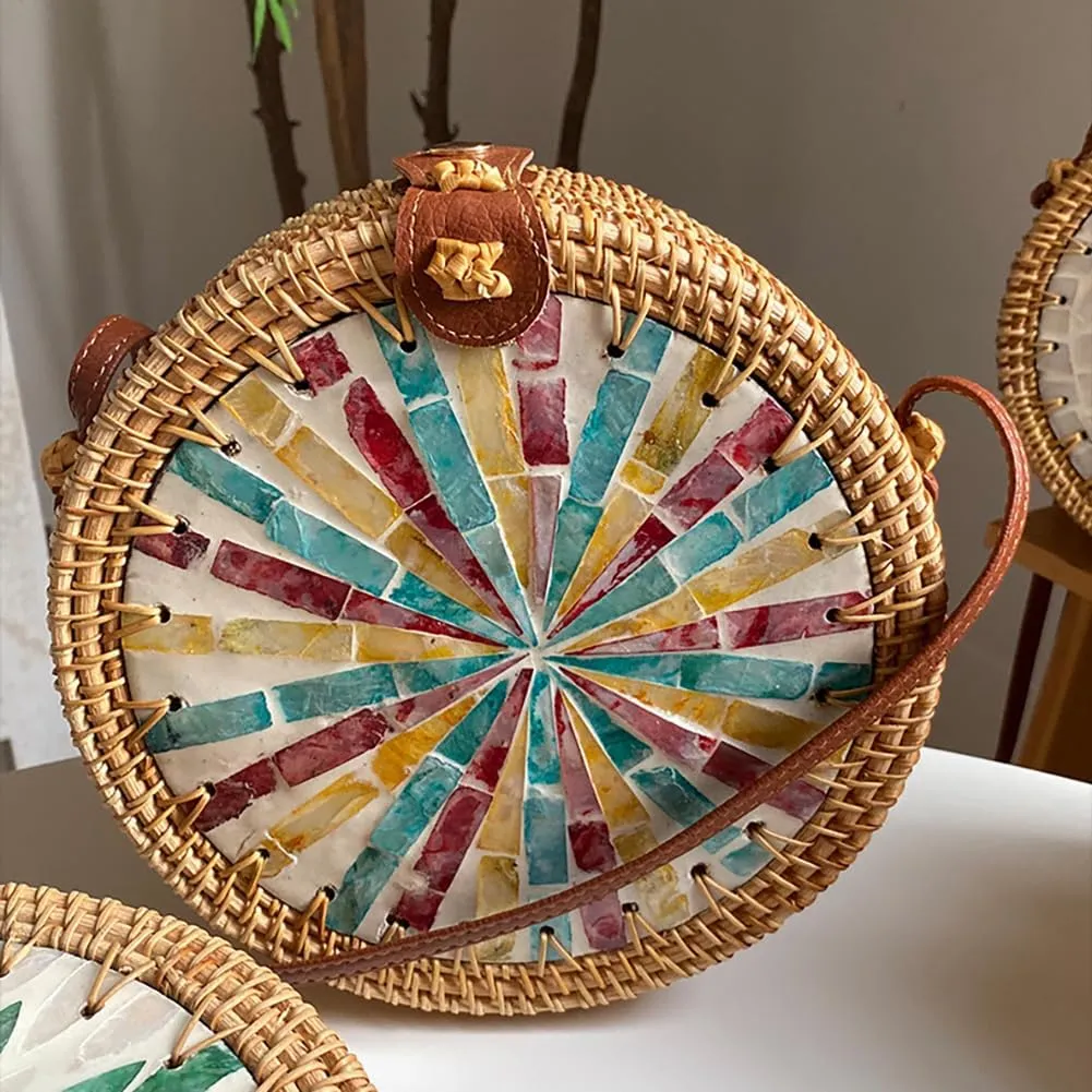 Handmade Round Circle Shaped Rattan Woven Purse for Women, Summer Beach Ata Wicker Basket Straw Brown Hobo Bag Chic Tote