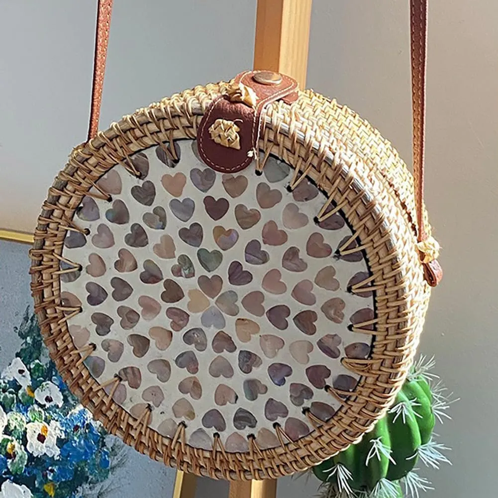 Handmade Round Circle Shaped Rattan Woven Purse for Women, Summer Beach Ata Wicker Basket Straw Brown Hobo Bag Chic Tote