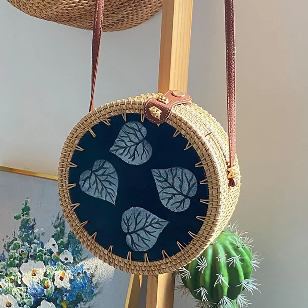 Handmade Round Circle Shaped Rattan Woven Purse for Women, Summer Beach Ata Wicker Basket Straw Brown Hobo Bag Chic Tote