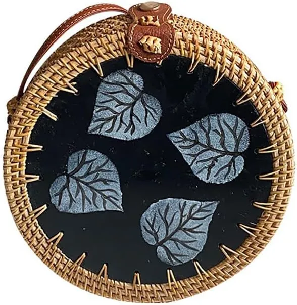 Handmade Round Circle Shaped Rattan Woven Purse for Women, Summer Beach Ata Wicker Basket Straw Brown Hobo Bag Chic Tote