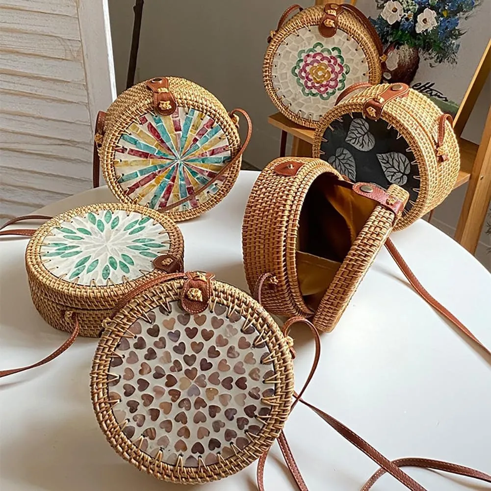 Handmade Round Circle Shaped Rattan Woven Purse for Women, Summer Beach Ata Wicker Basket Straw Brown Hobo Bag Chic Tote