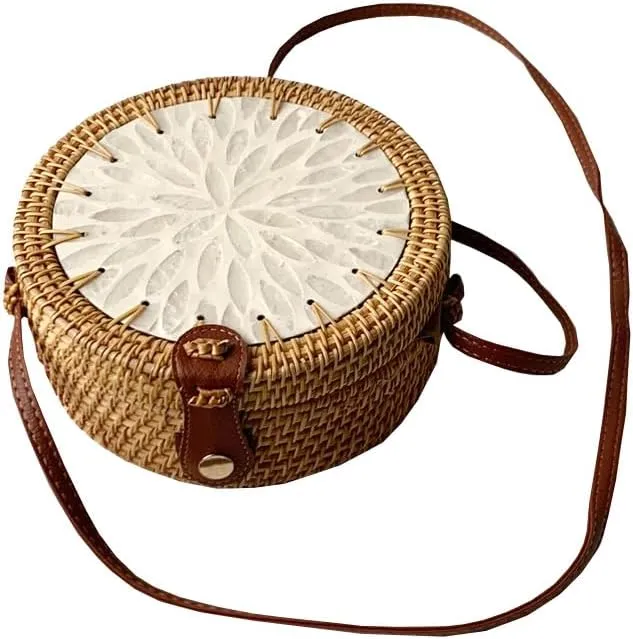 Handmade Round Circle Shaped Rattan Woven Purse for Women, Summer Beach Ata Wicker Basket Straw Brown Hobo Bag Chic Tote