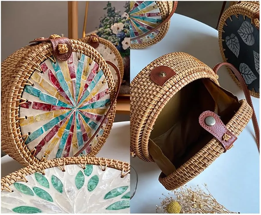 Handmade Round Circle Shaped Rattan Woven Purse for Women, Summer Beach Ata Wicker Basket Straw Brown Hobo Bag Chic Tote